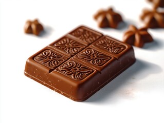 Close-up of a detailed milk chocolate bar with intricate floral patterns on each square and small chocolate flower shapes in the background on a white surface