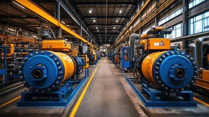 Fototapeta premium Industrial machinery and equipment line up in a spacious factory