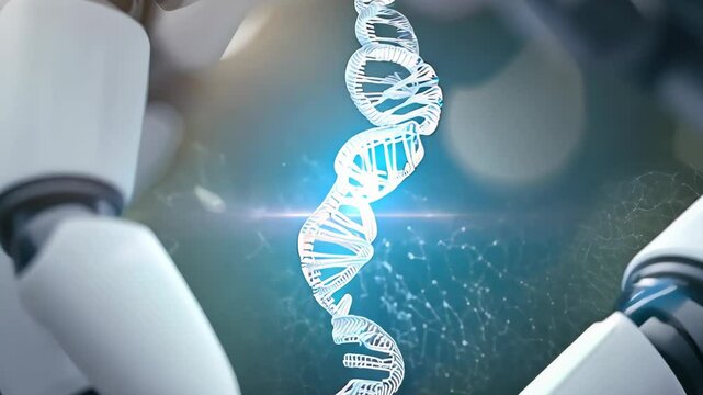 Robotic Hand Holding DNA Strand Representing Future of Genetics