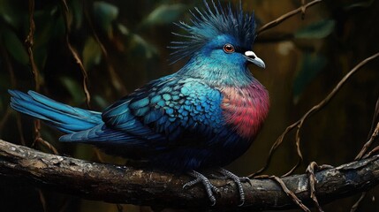Fototapeta premium close-up of a vibrant blue bird with red chest feathers and spiky crest perched on a tree branch in a dark forest environment