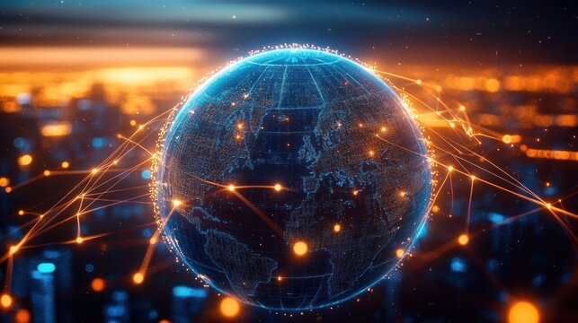 Digital globe with illuminated continents and interconnected points representing global communication and data exchange over a blurred cityscape background at dusk