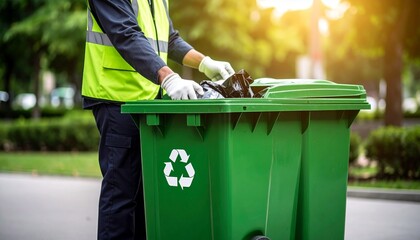 A sanitation worker collecting trash in a green recycling bin. He's wearing a reflective vest and gloves as he performs his job, emphasizing environmental responsibility and waste management