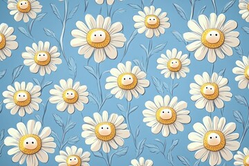 pattern of smiling cartoon daisies with white petals and yellow centers on a blue background with simple leaves, cheerful and playful design