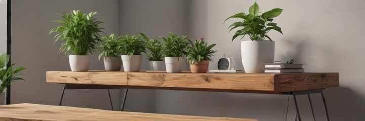 Fototapeta premium Modern wooden desk with potted plants, minimalist office setting, potted plants, clean, desktop