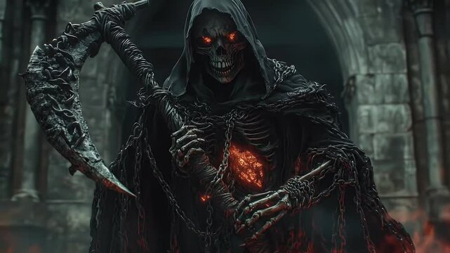 Grim Reaper with Glowing Eyes and Scythe