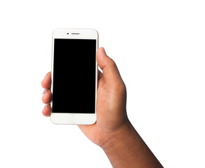 hand holding mobile phone on white background isolated