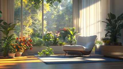 Sunlit indoor space with plants and comfortable seating.
