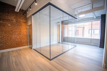 Obraz premium Bright room with glass enclosure, brick wall, and hardwood floor under track lights