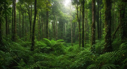 Obraz premium Lush Rainforest: A captivating shot of the untamed rainforest, with its dense, verdant vegetation and tall trees, evoking a sense of tranquility and wilderness.