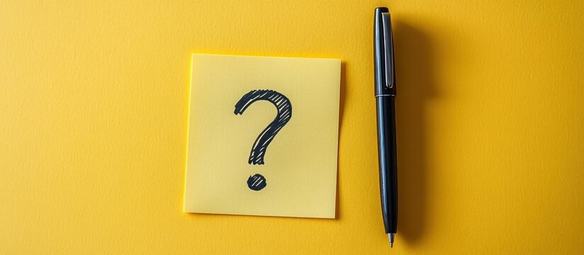 black pen lying next to a yellow sticky note with a hand-drawn question mark on a vibrant yellow background conveying curiosity and inquiry - Powered by Adobe