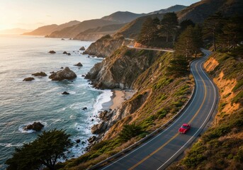Coastal Drive: Capture the beauty of the open road where a solitary car traverses a winding coastal route with ocean's edge at sunset.