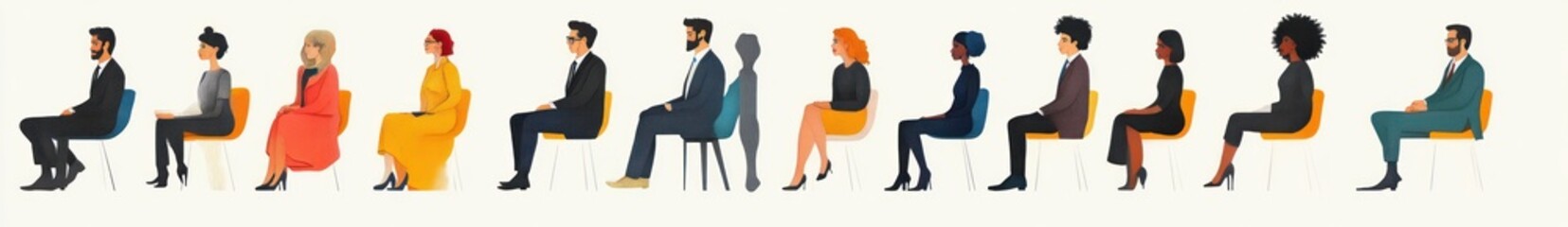 Obraz premium Diverse group of professionally dressed men and women sitting in a row on chairs facing sideways with a neutral background