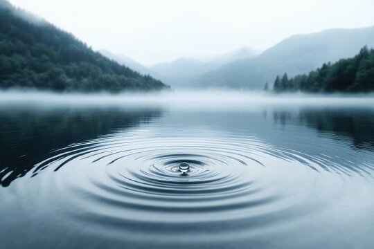 Calm water surface with a single droplet creating circular ripples on a misty mountain lake surrounded by dense forest and distant hills under soft natural light