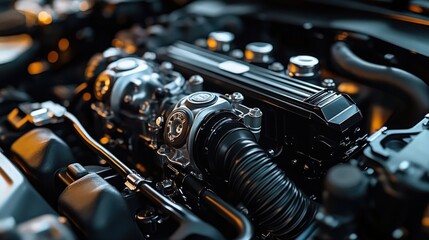 Fototapeta premium Close-up of a modern car engine showcasing metallic components, hoses, and mechanical details with sharp focus and warm lighting