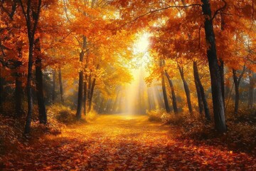Obraz premium Sunlight shining through vibrant orange autumn trees illuminating a forest path covered with fallen leaves, evoking warmth and tranquility
