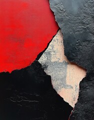 Close-up of weathered cracked wall showing layers of red, black, gray, and beige paint peeling and creating abstract textured patterns