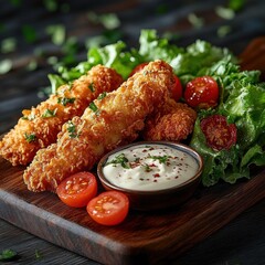 Crispy fried chicken tenders served with creamy dipping sauce garnished with herbs, fresh cherry tomatoes, and green lettuce on wooden board