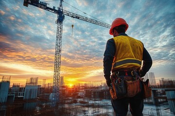 Construction worker in safety gear overlooking building site with crane during vibrant sunset sky