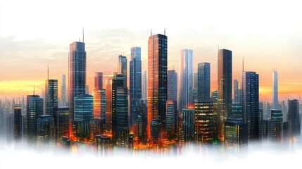 A vibrant futuristic city skyline at sunset with tall illuminated skyscrapers and glowing lights reflecting warm hues, enveloped in a subtle mist