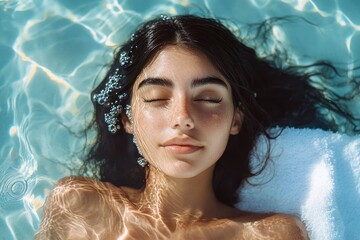 Young woman with closed eyes relaxing in a clear swimming pool with sunlight reflecting on her face and shoulders