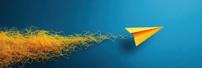 yellow paper airplane flying forward with a trail of tangled yellow strings on blue background conveying motion and creativity