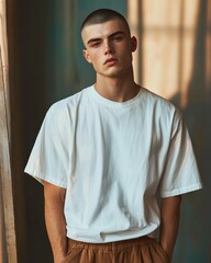 Young man with short hair wearing a plain white t-shirt and brown pants standing indoors with a serious expression and soft natural light on his face