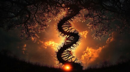 Spiral-shaped tree trunks entwined to form a double helix pattern glowing against a fiery sunset sky with dramatic clouds and silhouetted branches