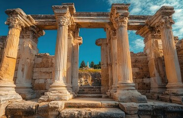 Ancient stone ruins with tall, weathered columns under a blue sky with scattered clouds, evoking a sense of history and timelessness