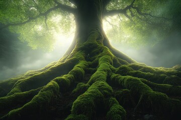 Majestic ancient tree with large sprawling roots covered in green moss in a misty forest illuminated by soft ethereal light