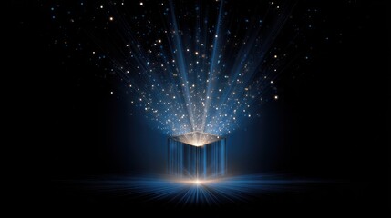 A gift cube box glowing with a yellowish white light on top, emitting small particles of light upwards, as if something magical or luminous was coming out of it.