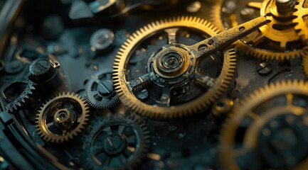 Close-up of intricate clockwork mechanism, showcasing gold-toned gears interlocked with dark metallic components.  Illumination highlights the detailed craftsmanship