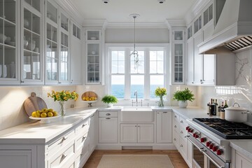 Fototapeta premium Bright and Airy Kitchen Interior with Fresh Cabinetry and Stunning Window Views