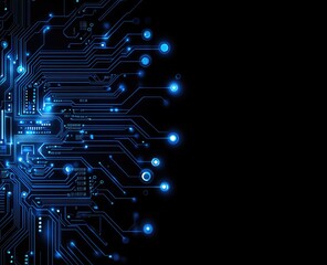 Complex circuitry with glowing blue lines and nodes on a black background