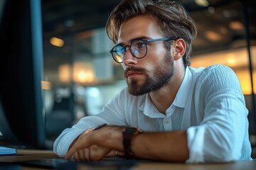 Young man with glasses and beard intently focused on a computer screen in a modern office setting with warm lighting