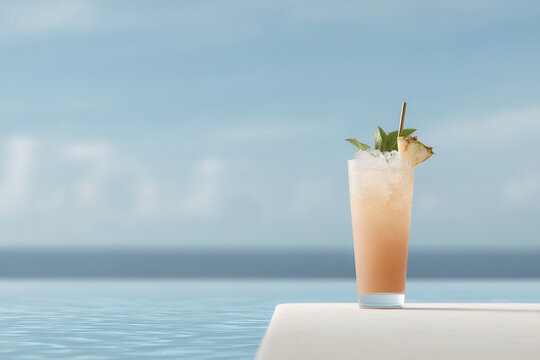 refreshing cocktail named summer evening placed elegantly by serene poolside with sun glimmers reflecting off water