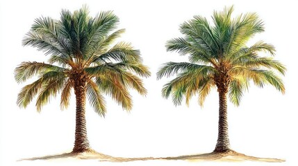 Obraz premium Two palm trees with green and yellow fronds standing side by side on sandy ground with bright natural light