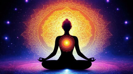 Meditating woman silhouette with cosmic mandala and glowing chakra