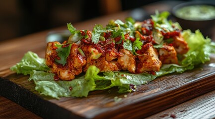 A close-up shot of a flavorful dish featuring grilled, seasoned protein pieces atop a bed of fresh lettuce, garnished with vibrant herbs and chili flakes, presented on a rustic wooden board