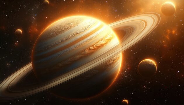 Bright ringed gas giant planet surrounded by multiple smaller moons in a glowing star-filled space environment