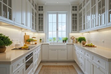 Fototapeta premium Serene Bright Kitchen Interior with Stunning Cabinetry and Vibrant Window View