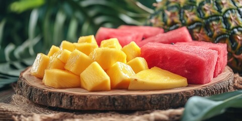 Diced pineapple and watermelon on a rustic wooden board, surrounded by lush green tropical foliage