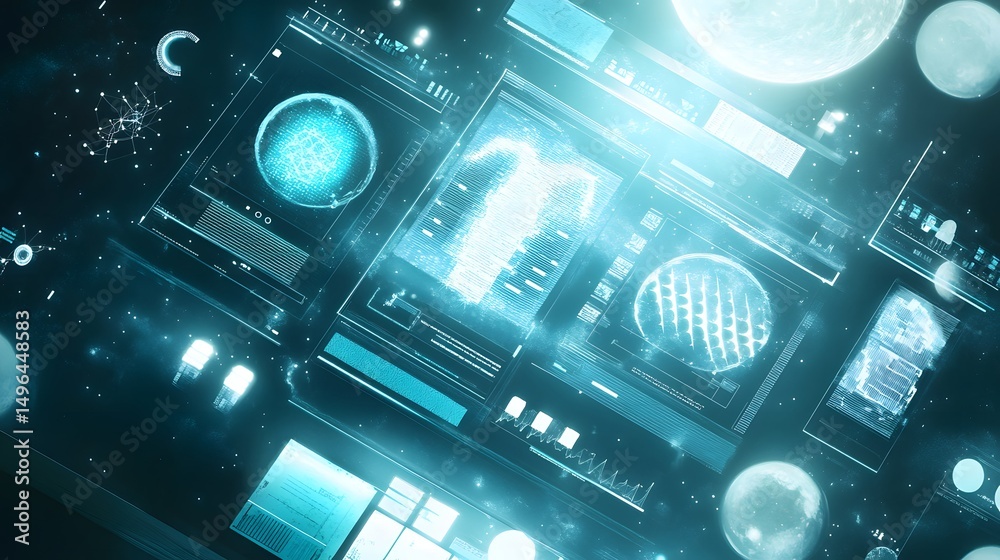 Poster futuristic interface displays with glowing data visualization.