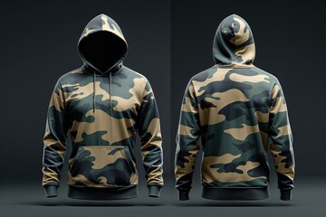 Fototapeta premium Camouflage Hoodie Mockup Front and Back Views for Apparel Design on Dark Background