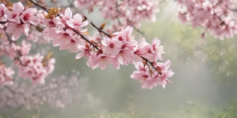 Obraz premium Delicate pink sakura petals drift gently on a softly blurred spring background , tranquil, spring