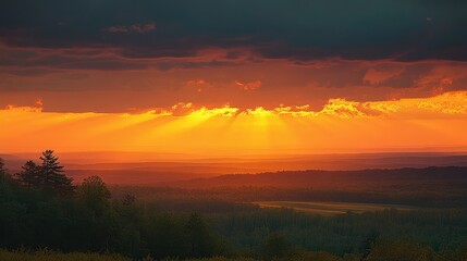 Fototapeta premium Golden sunset rays piercing through dark clouds over layered forested hills and valley, creating a warm, peaceful atmosphere