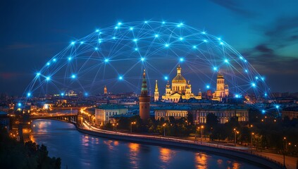 Obraz premium A view of a futuristic city depicted with digital elements, such as grids or light patterns emanating from tall buildings