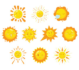 A cheerful collection of cute sun illustrations in various expressions and styles. Perfect for children books, weather graphics, and playful summer themed projects.
