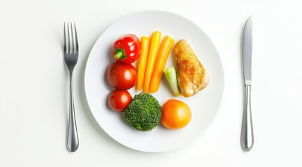 A healthy meal of grilled chicken breast, broccoli, cherry tomatoes, bell peppers, and carrots arranged on a white plate, accompanied by a fork and knife on a white background