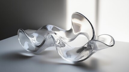 Abstract clear glass sculpture with smooth, flowing, wave-like shapes placed on a white surface with soft lighting creating elegant reflections and shadows