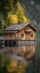 Fototapeta premium Wooden Lake House Reflection in Autumn Scenery. A picturesque cabin on stilts over calm water, mirroring the vibrant fall foliage.